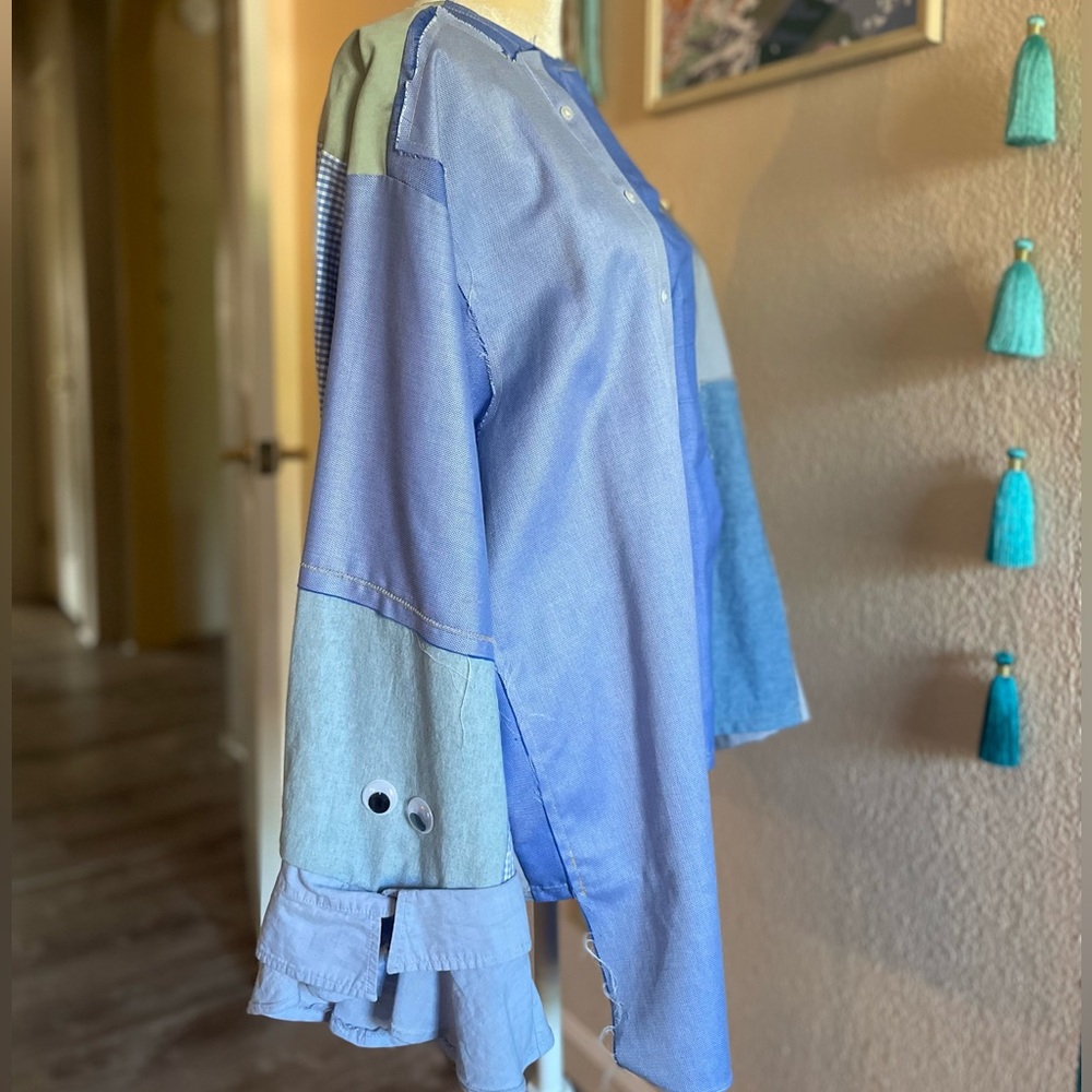 Patchwork Blue Button-Up Shirt - image 6